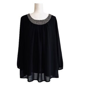 C.O.C. Blouse Black Silver Beading Embellished Neckline Semi Sheer Top 3X NEW